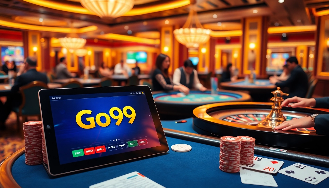 Go99 showcases vibrant players enjoying high-stakes casino games with colorful chips and thrilling bets.